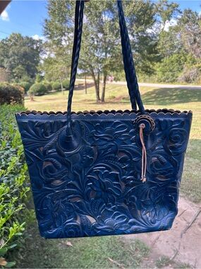 Patricia Nash Embossed Floral Tote in Navy Blue